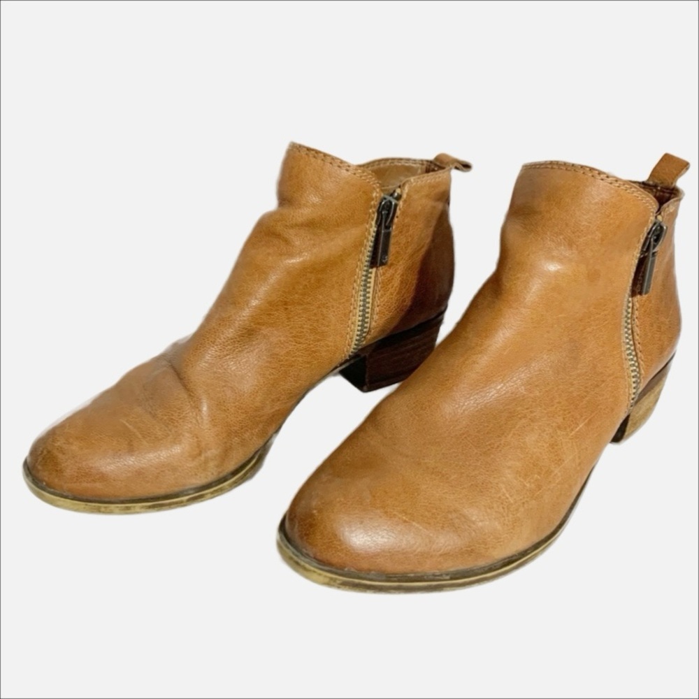 Lucky Brand LK Basel Leather Ankle Bootie Double Side Zip Tab Stacked Block Heel